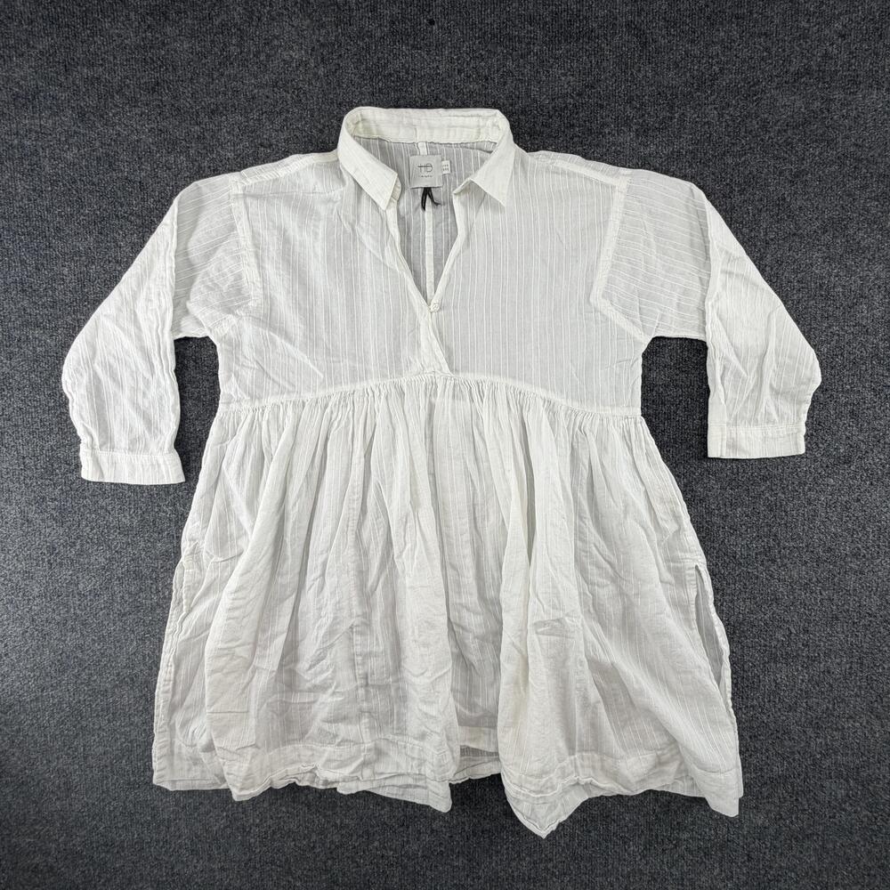 HD In Paris Shirt Dress Womens 10 White Striped Collared 3/4 Sleeve Boho Cotton